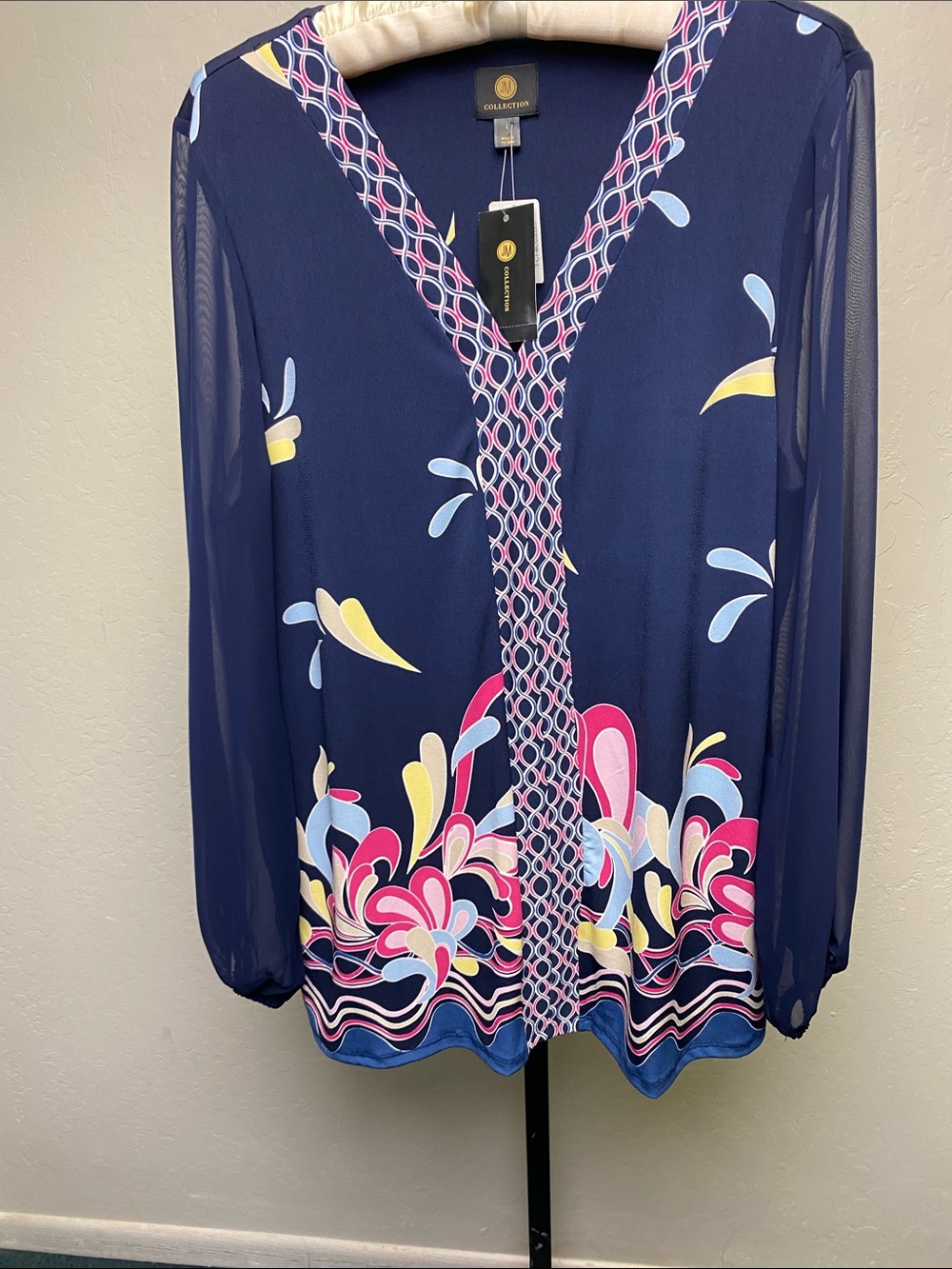 JM Collection Navy Floral-Print V-Neck Blouse with Multicolor Border